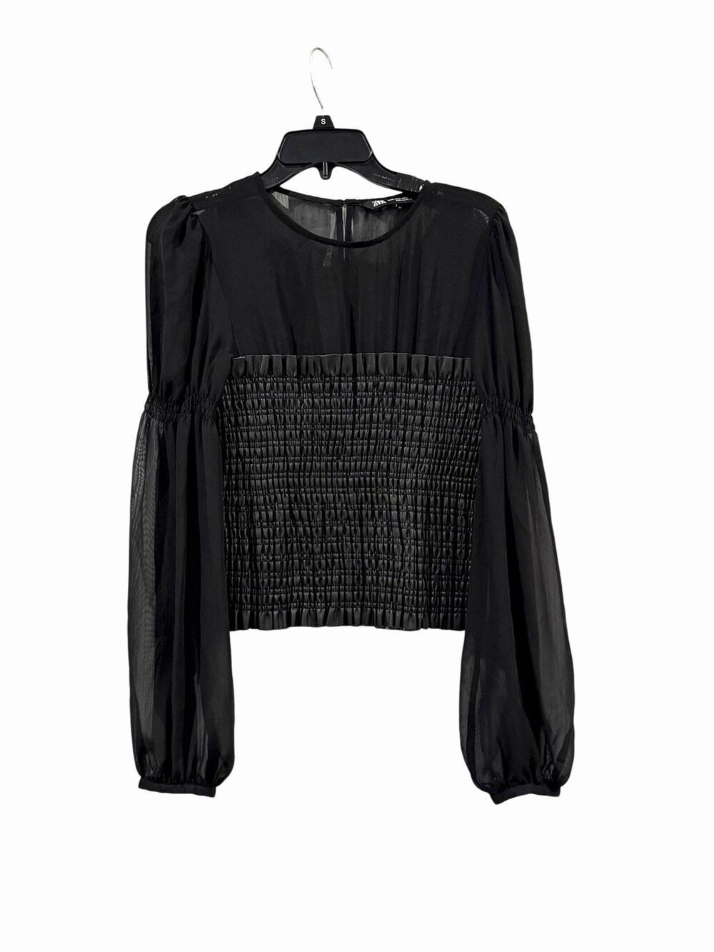 Zara Black Smocked Faux Leather & Sheer Blouse Size XL Romantic Goth Victorian